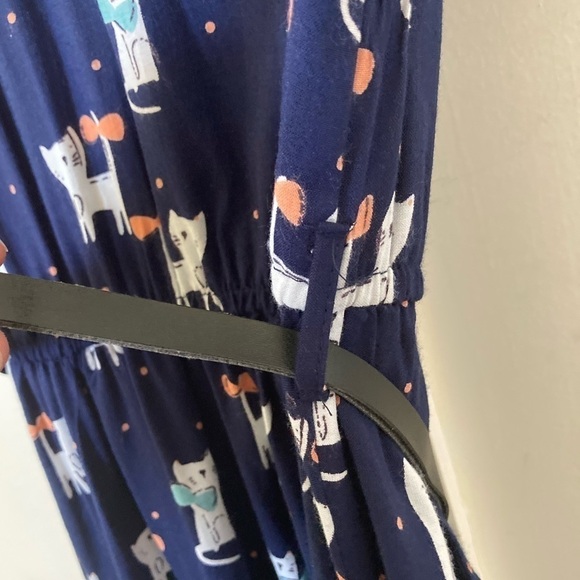 ANGIE cat print mini dress button front elastic roll tab sleeves - Picture 9 of 11